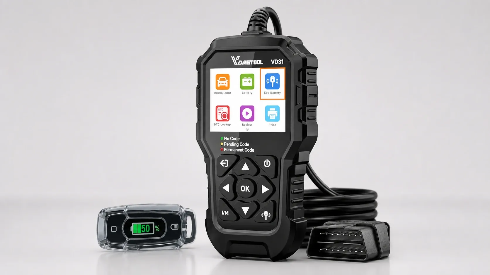 Front-facing handheld VD31 OBD2 scanner with screen lit showing diagnostic options, connected cable coiled behind, alongside a car key battery tester displaying 50% charge, all on a clean light grey background