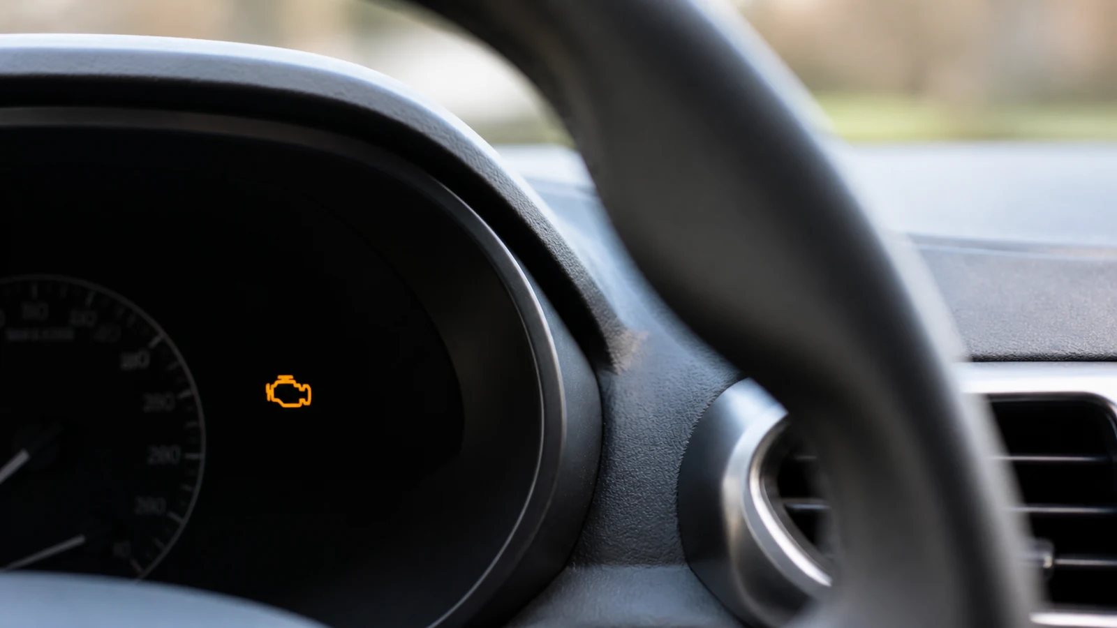 Amber engine management warning lamp illuminated on a UK car dashboard