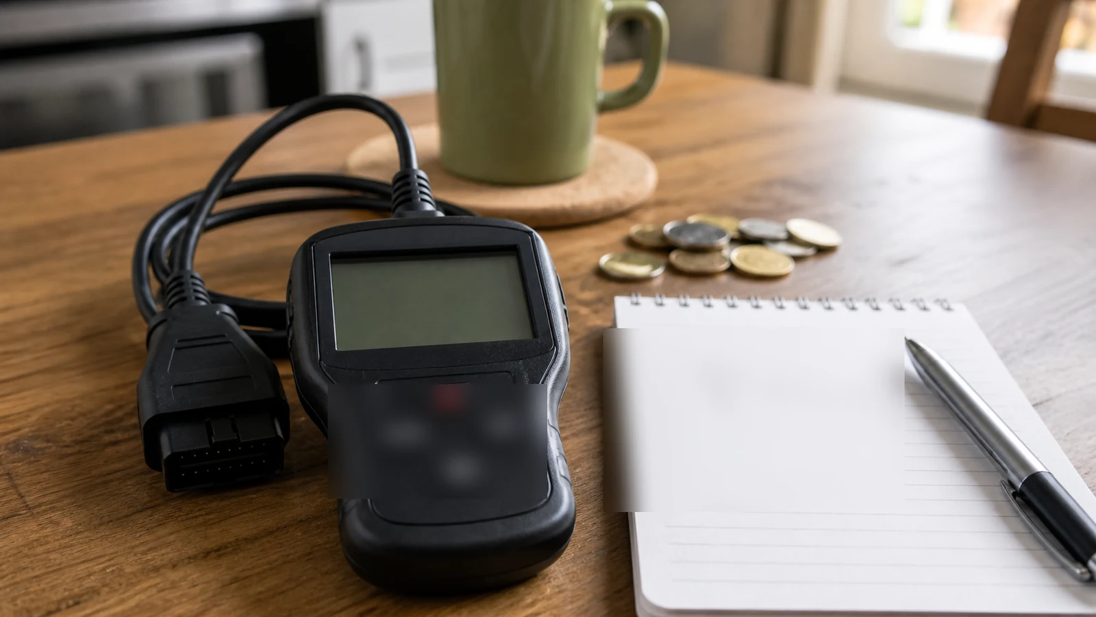 Home OBD2 scanner beside a notepad with a recorded fault code