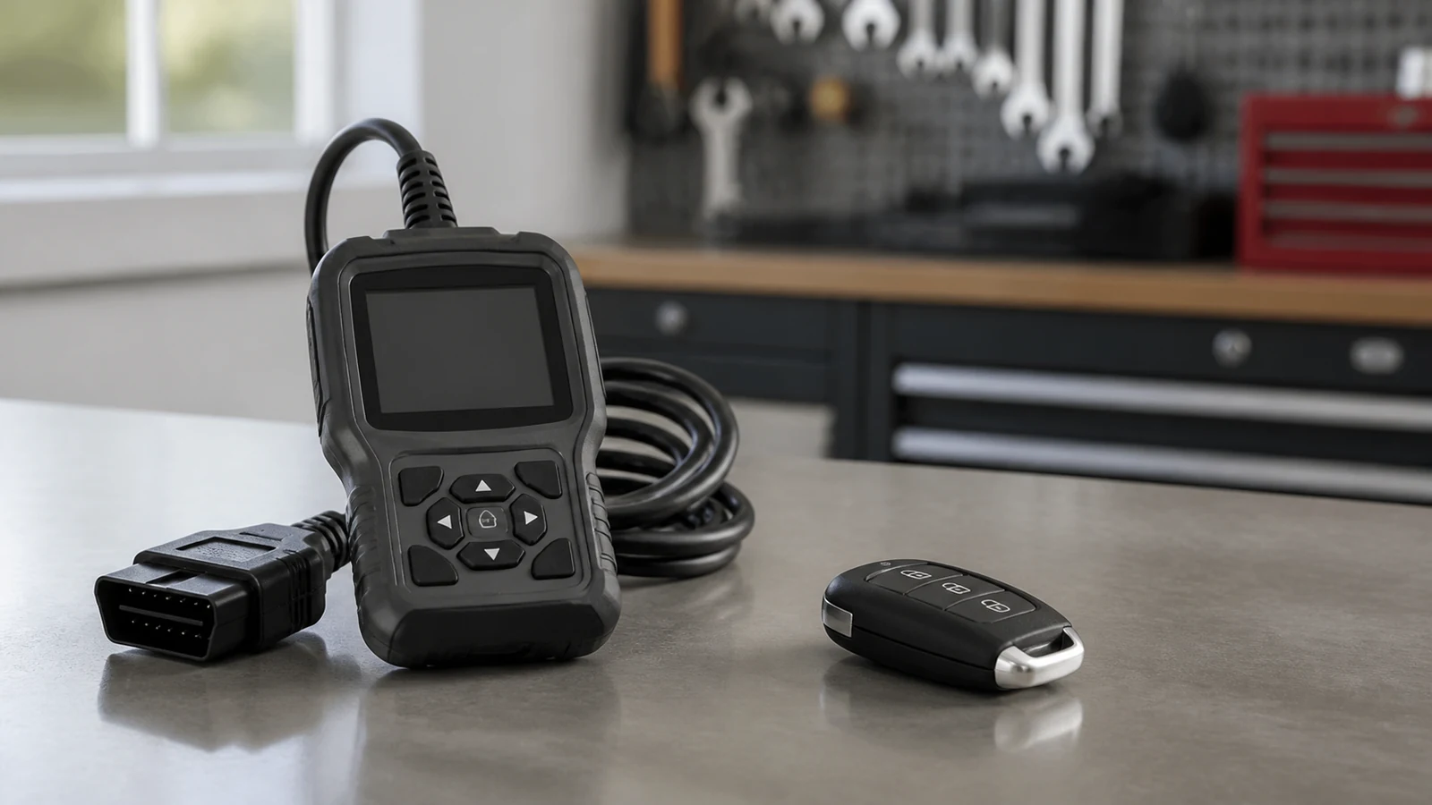 Handheld OBD2 scanner placed next to a car key fob on a workbench
